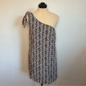 Free People Gaia Mini Dress, neutral Aztec print, one shoulder, shift style, 6